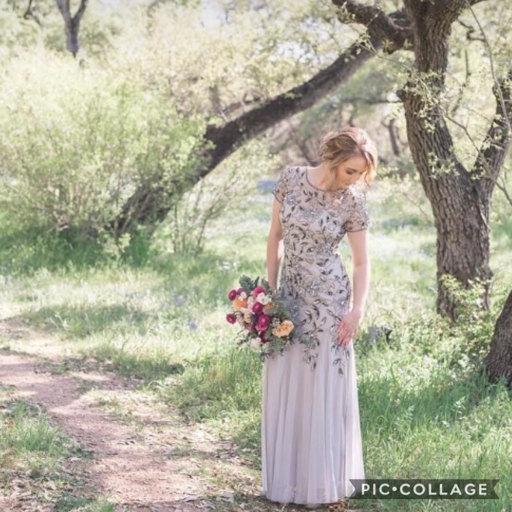 Adrianna papell Floral Beaded Godet Gown with Sheer Short Sleeves - Picture 12 of 16